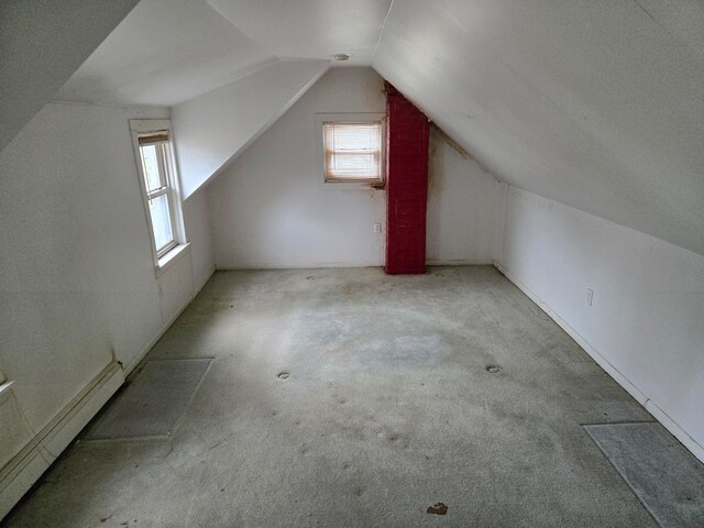 additional living space featuring a baseboard radiator, vaulted ceiling, and light colored carpet