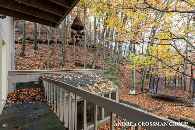 wooden terrace with a trampoline