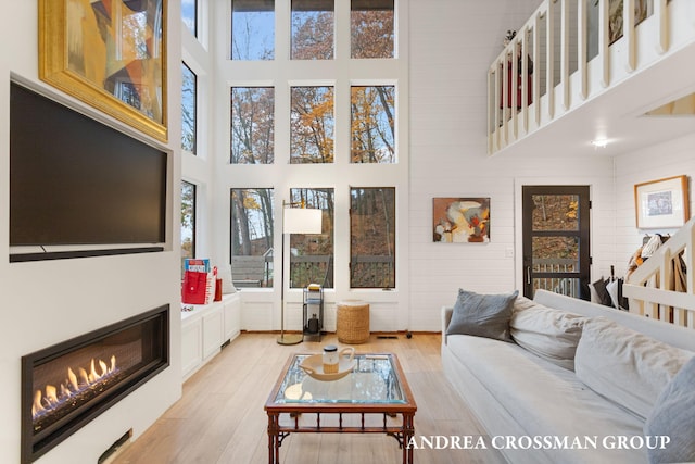 living room featuring light hardwood / wood-style floors, a towering ceiling, and a wealth of natural light