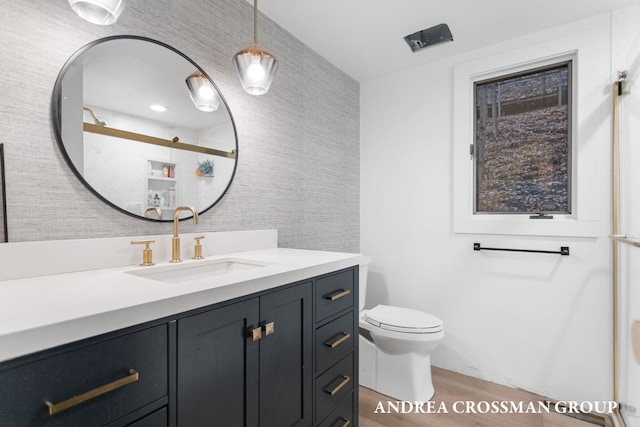 bathroom featuring hardwood / wood-style floors, vanity, and toilet