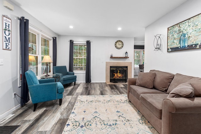 living room with hardwood / wood-style floors and a tile fireplace