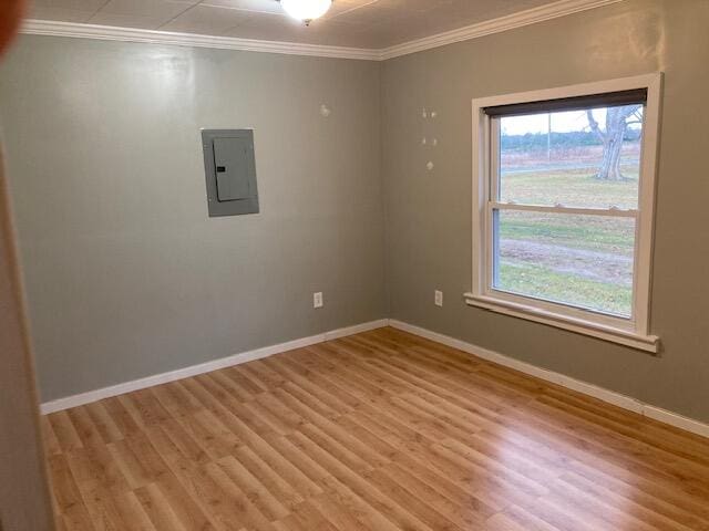 empty room featuring electric panel, light hardwood / wood-style floors, and ornamental molding