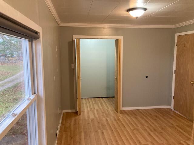 hallway featuring ornamental molding and light hardwood / wood-style flooring