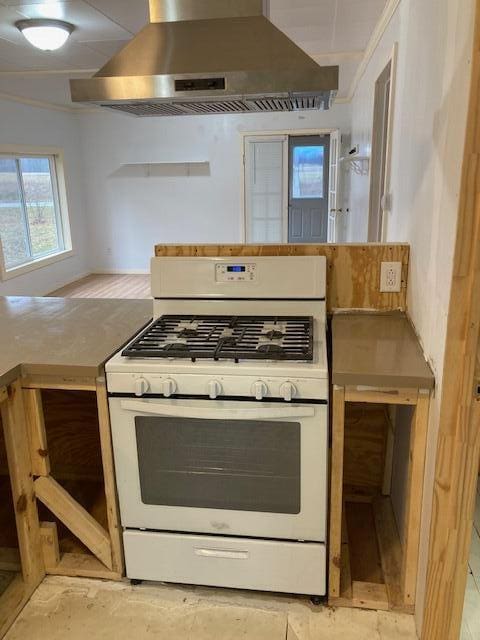 kitchen with white gas range oven and wall chimney exhaust hood