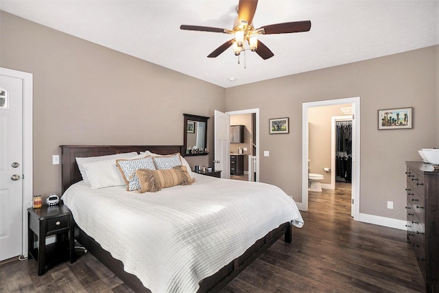 18481 N Fruitport Rd, Spring Lake, MI 49456 - bedroom featuring wood finished floors, baseboards, ceiling fan, and ensuite bathroom