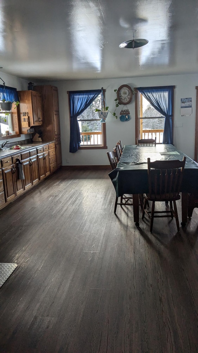 dining space with ceiling fan and dark hardwood / wood-style flooring