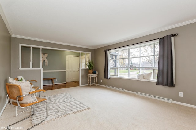 unfurnished room featuring carpet, ornamental molding, and a baseboard heating unit