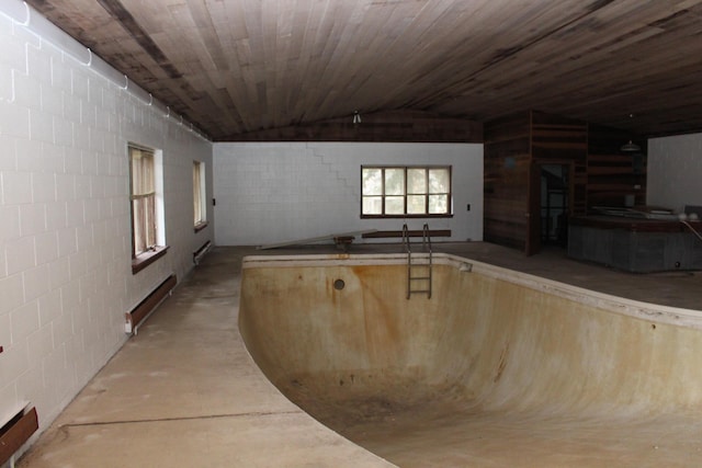 9370 Moon Rd, Saline, MI 48176 - kitchen with lofted ceiling, concrete floors, a baseboard radiator, and concrete block wall