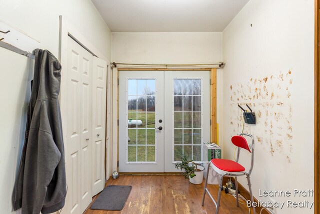 entryway with hardwood / wood-style floors and french doors