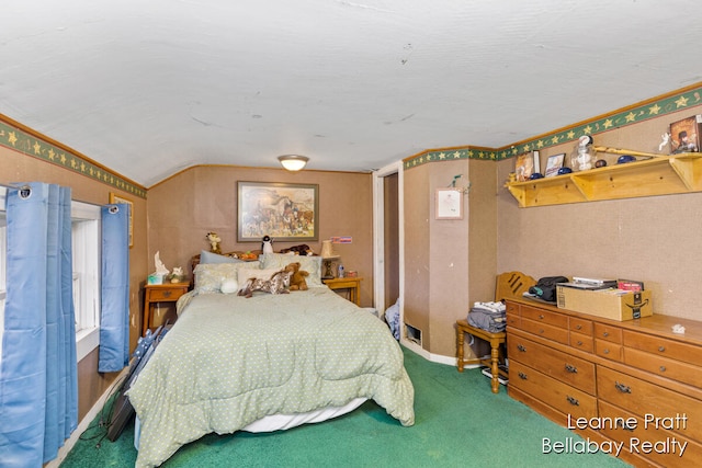 bedroom featuring carpet and vaulted ceiling