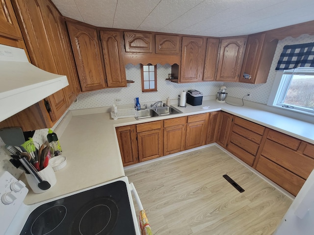 kitchen with sink, exhaust hood, white stove, and light wood-type flooring