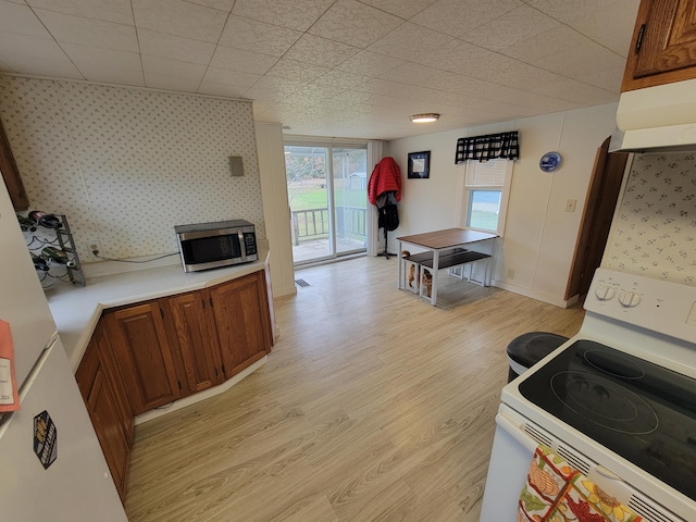 kitchen featuring light wood-type flooring, extractor fan, and white electric stove