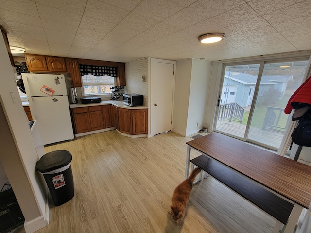 kitchen with light wood-type flooring and white refrigerator