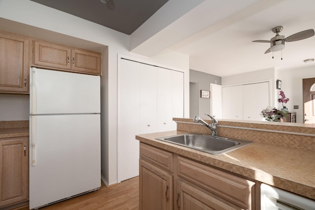 kitchen featuring white refrigerator, sink, ceiling fan, light wood-type flooring, and dishwashing machine