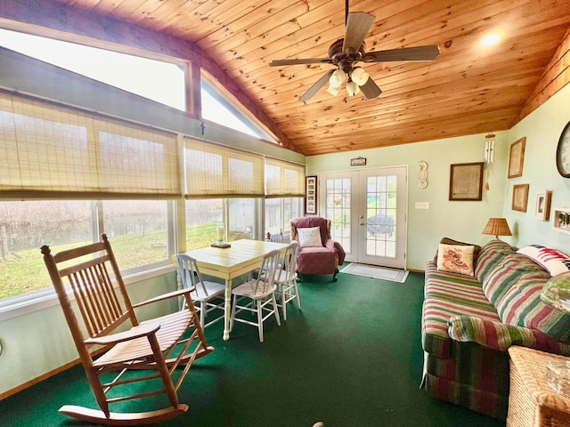 sunroom featuring wooden ceiling, ceiling fan, lofted ceiling, and french doors