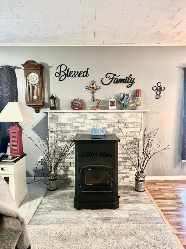 details featuring hardwood / wood-style flooring and a wood stove