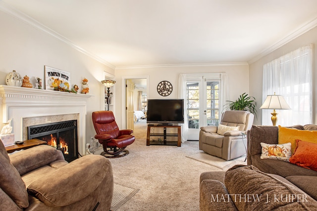 living room featuring light carpet and ornamental molding