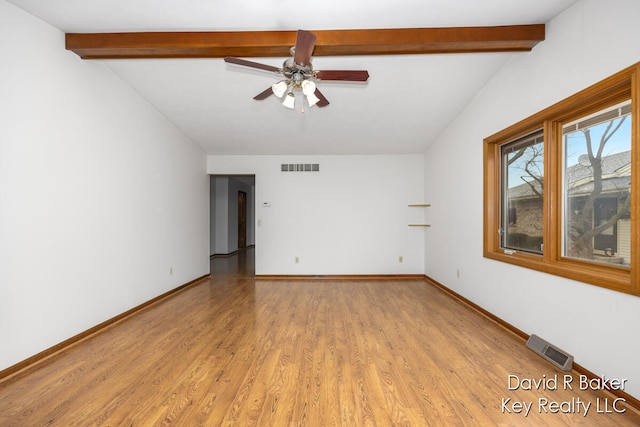 unfurnished room featuring vaulted ceiling with beams, light hardwood / wood-style flooring, and ceiling fan