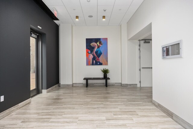 hallway featuring a drop ceiling and light hardwood / wood-style floors