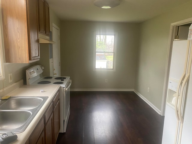 kitchen with sink, dark hardwood / wood-style floors, and white appliances