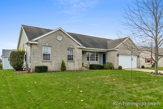 ranch-style house with a front yard and a garage