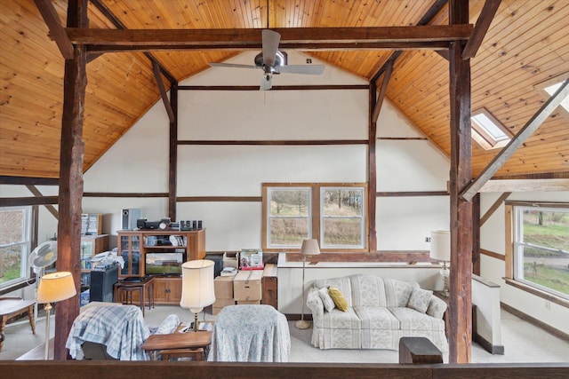 living room featuring high vaulted ceiling, a skylight, ceiling fan, beamed ceiling, and wood ceiling