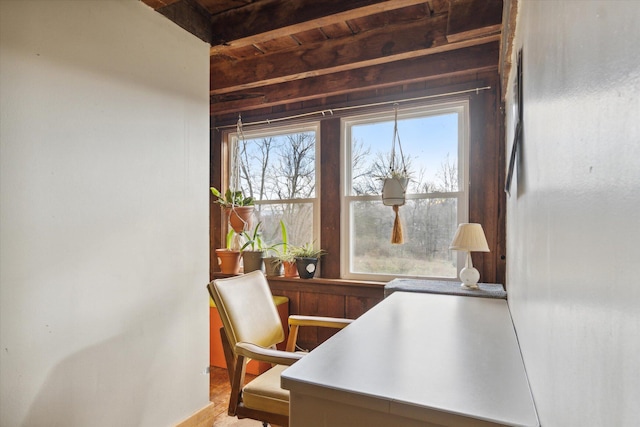 office area featuring beamed ceiling and wood ceiling