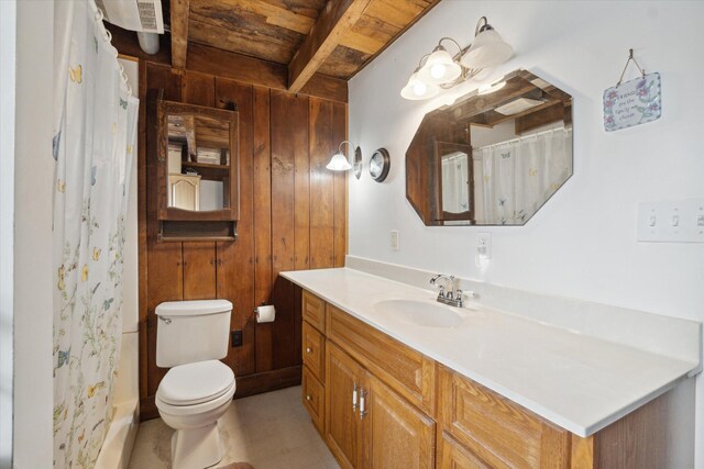 bathroom featuring walk in shower, wood ceiling, vanity, wooden walls, and toilet