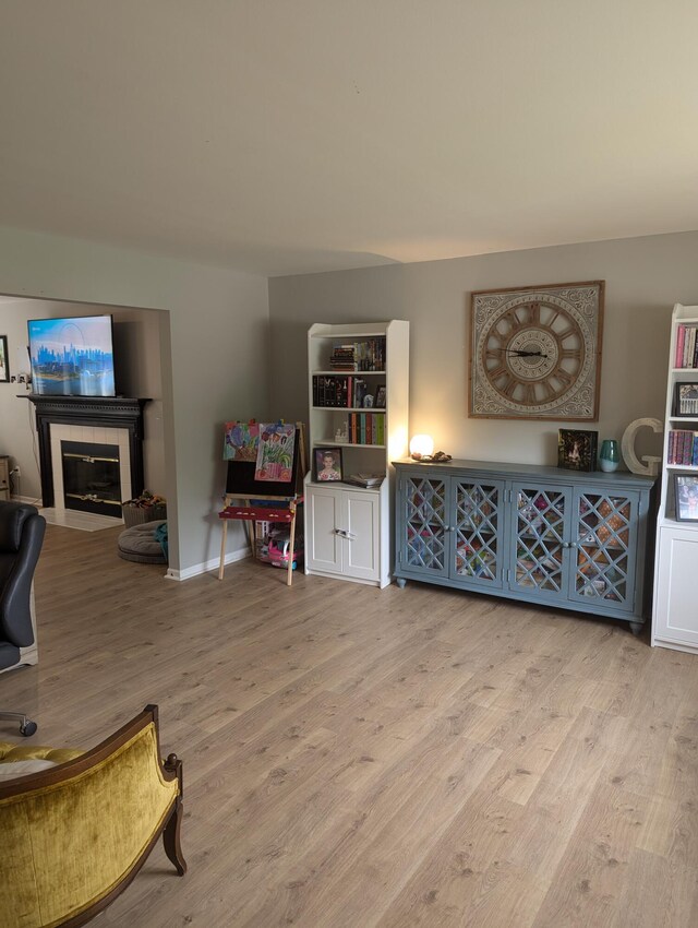 interior space with a fireplace and light hardwood / wood-style flooring