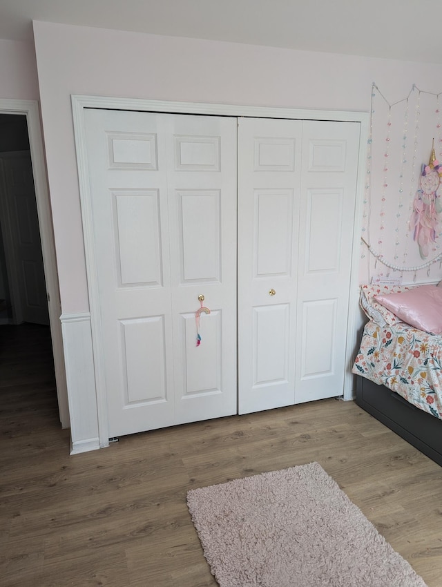 bedroom with hardwood / wood-style floors and a closet