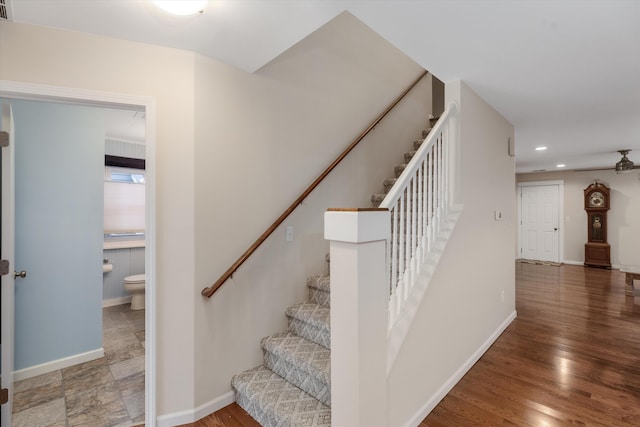 stairs with hardwood / wood-style flooring