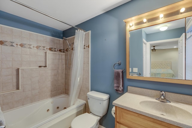 full bathroom featuring ceiling fan, vanity, shower / tub combo, and toilet