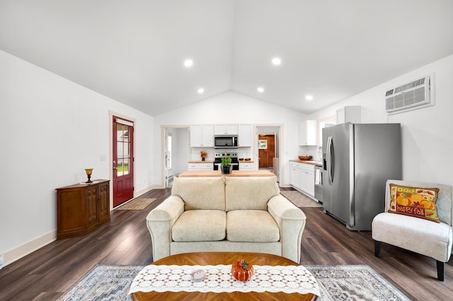 living room with lofted ceiling, a wall mounted AC, and dark wood-type flooring