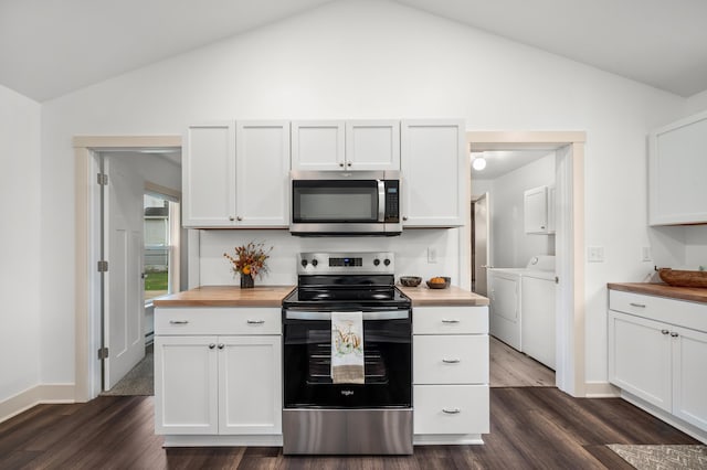 kitchen with white cabinetry, butcher block counters, independent washer and dryer, and appliances with stainless steel finishes