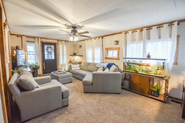 carpeted living room featuring ceiling fan and ornamental molding