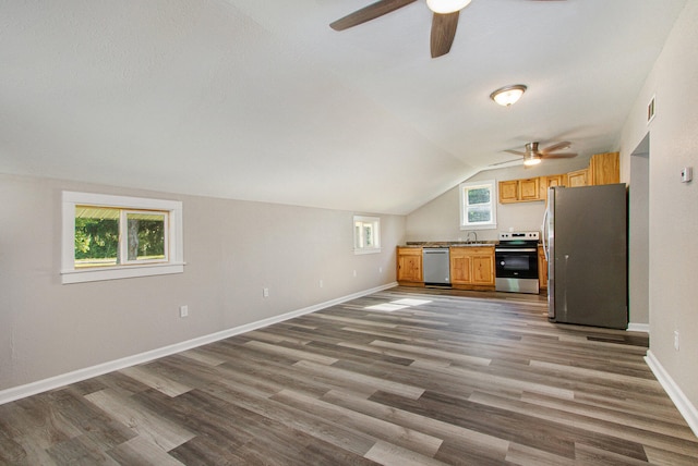 kitchen featuring sink, dark hardwood / wood-style flooring, vaulted ceiling, and appliances with stainless steel finishes