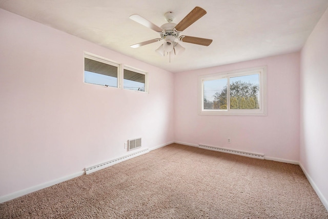 empty room with ceiling fan, carpet, and a baseboard heating unit