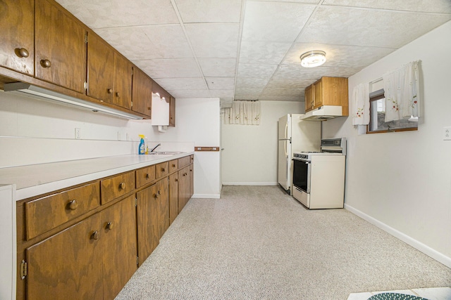 kitchen featuring a paneled ceiling, sink, light colored carpet, and white appliances