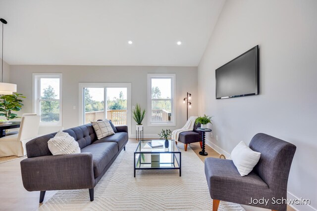 living room featuring a wealth of natural light and lofted ceiling