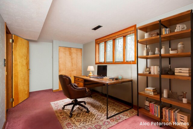 carpeted office with a textured ceiling