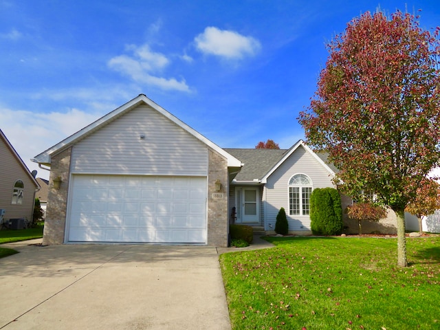 ranch-style house with a front yard and a garage