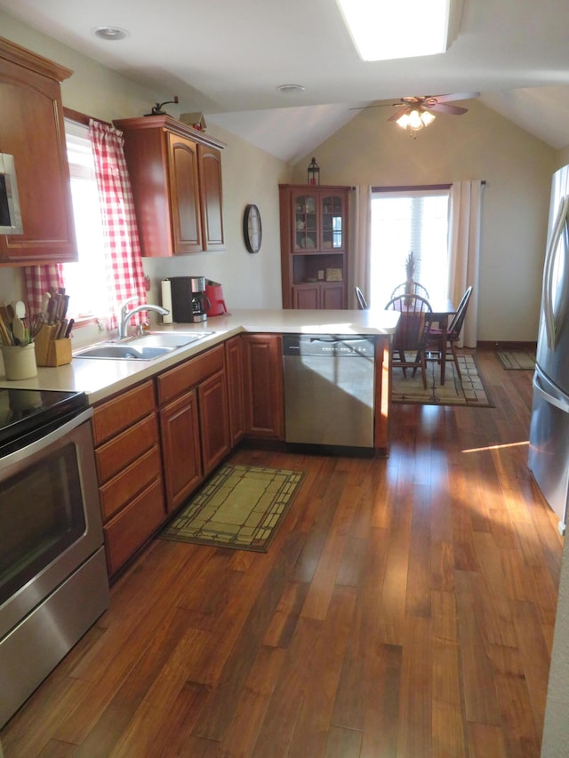 kitchen with dark hardwood / wood-style flooring, stainless steel appliances, and vaulted ceiling