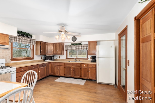 kitchen featuring white appliances, light hardwood / wood-style flooring, ceiling fan, and sink