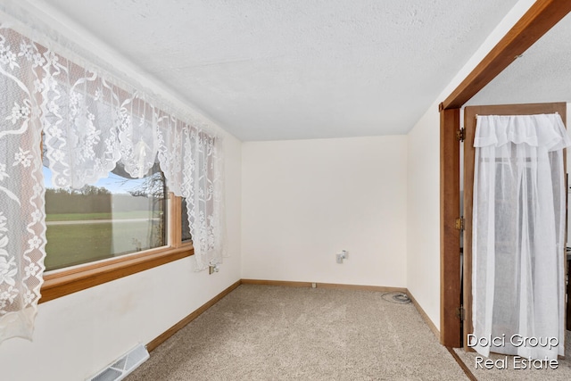 carpeted spare room with a textured ceiling