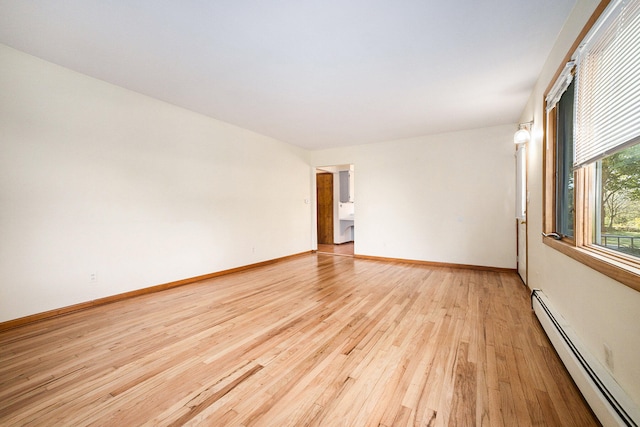 empty room featuring light hardwood / wood-style floors and a baseboard radiator