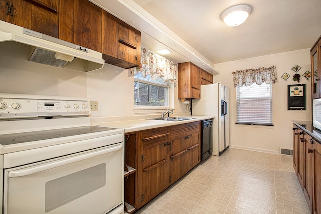 kitchen with white range with electric stovetop, a wealth of natural light, sink, and ventilation hood