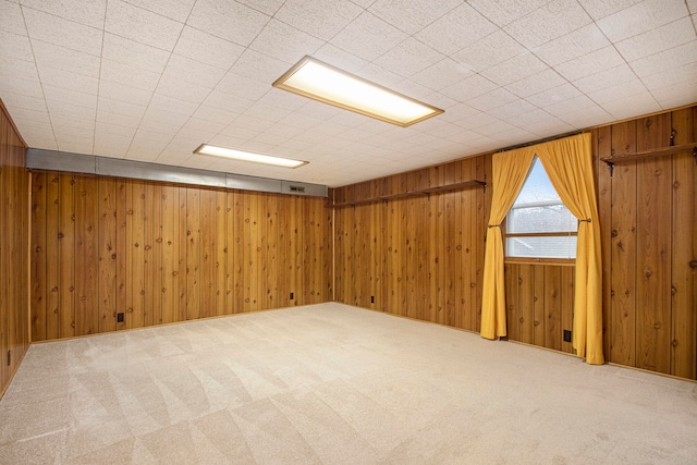 basement featuring wooden walls and carpet floors