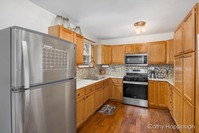 kitchen with dark hardwood / wood-style flooring, stainless steel appliances, tasteful backsplash, and sink