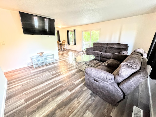 living room with wood-type flooring and a textured ceiling