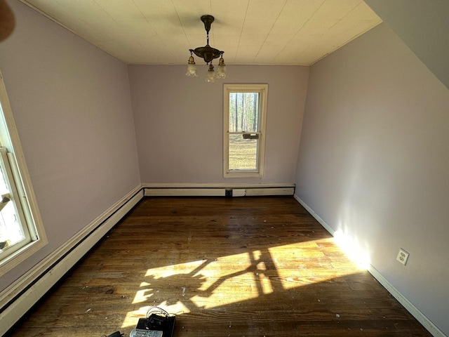 unfurnished room with dark hardwood / wood-style floors and baseboard heating